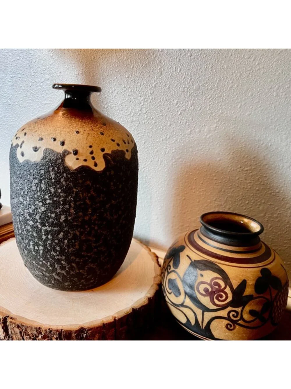 Vintage Carved Textured Glaze Stoneware vase 9.5 Tall